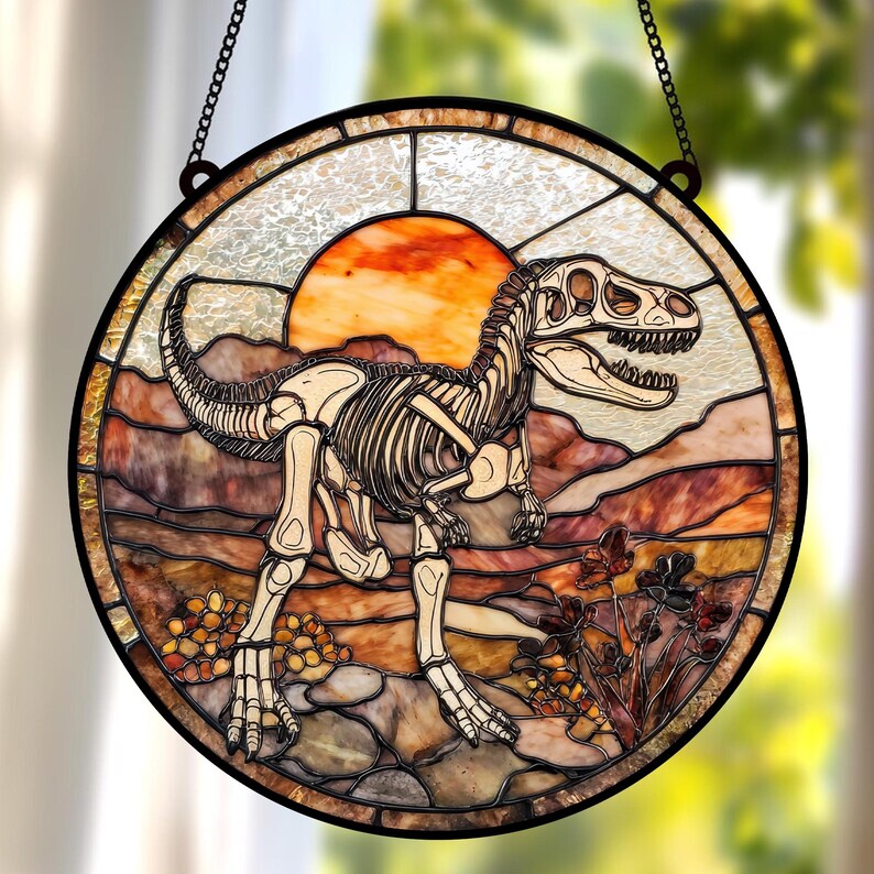 Dinosaur Skeleton Stained Glass Suncatcher, Prehistoric Window Decor ...