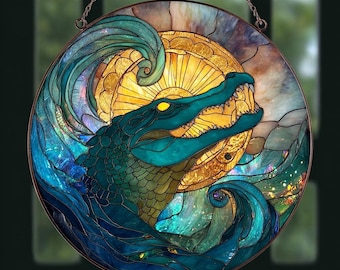 Alligator glas-in-lood suncatcher, gewaagd reptielenkunstpaneel, uniek natuurdecor, cadeau voor dierenliefhebbers, hangend raamdecoratie