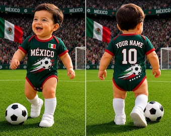Body de fútbol mexicano personalizado para bebé, conjunto de fútbol mexicano personalizado para bebé con nombre y número, regalo de recuerdo para recién nacidos aficionados.