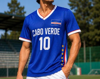 Koszulka piłkarska z siateczki Cabo Verde, spersonalizowana koszulka piłkarska z imieniem i numerem, zestaw kibica z flagą Cape Verde, męska koszulka sportowa na prezent na mecz