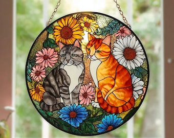 グレーのトラ猫のステンドグラスサンキャッチャー、花柄の窓飾り