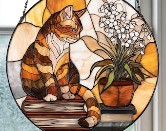 猫と本のステンドグラスのサンキャッチャー：読書好きのための窓飾り