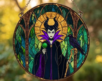 Acchiappasole in vetro colorato di Malefica, arazzo da finestra con la cattiva La bella addormentata, finestra del castello di Disneyland Paris Pixar