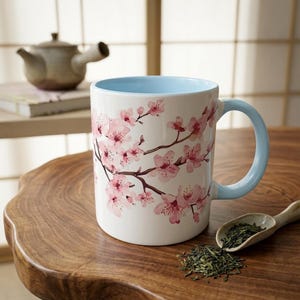 Cherry Blossom Mug, Japanese Floral Tea Cup, Sakura Coffee Mug, Minimal Spring Drinkware, Elegant Botanical Gift for Her