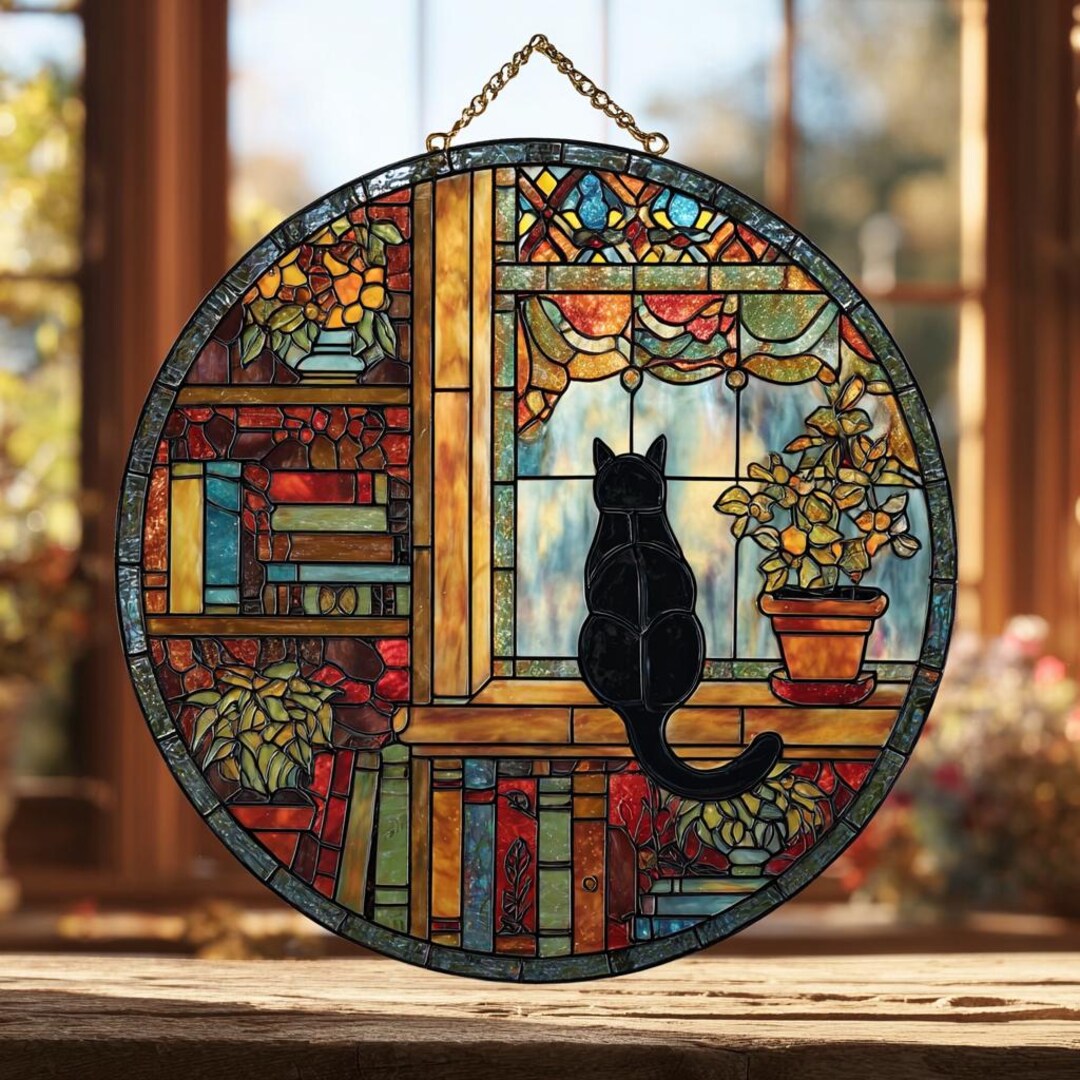 Black Cat Crystal Stained Glass Suncatcher, Elegant Window Hanging ...