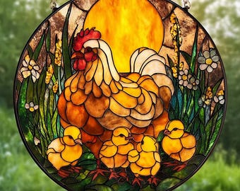 Spring Hen and Chicks Stained Glass Style Window Hanging, Chicken Lover Gifts, Farmhouse Country Decor for Home Gift for Family, Mom