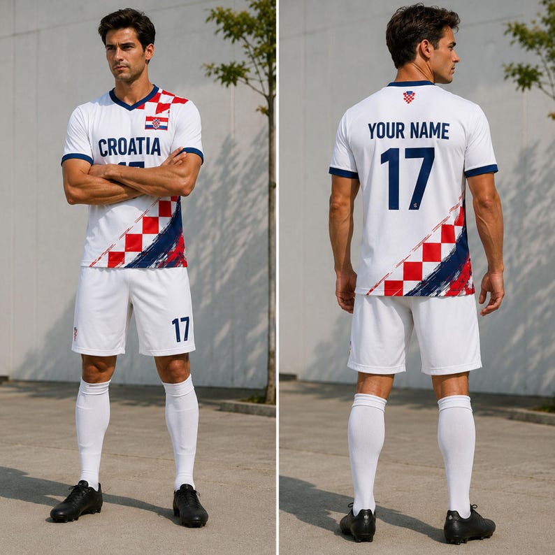 Puede incluir: Un conjunto de f&uacute;tbol blanco que incluye camiseta y pantal&oacute;n corto con un patr&oacute;n de cuadros rojos y blancos, detalles azules y el texto Croatia en el frente. La parte trasera muestra el texto Your Name y el n&uacute;mero 17 en azul, con medias blancas.