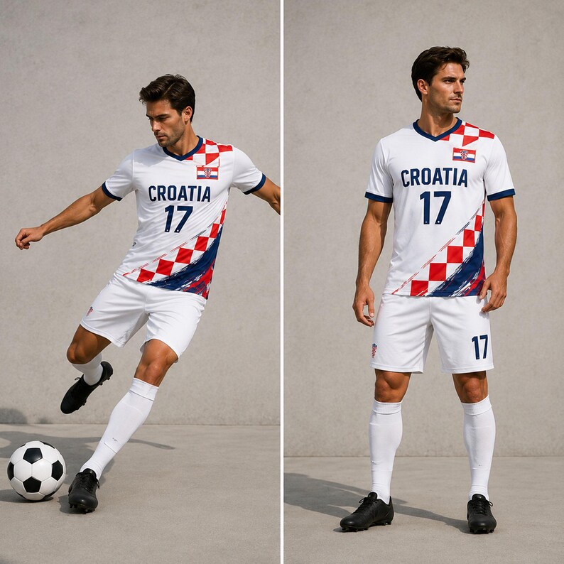 Puede incluir: Un conjunto de f&uacute;tbol blanco que incluye camiseta y pantal&oacute;n corto, con el texto CROATIA y el n&uacute;mero 17 en azul oscuro. La camiseta presenta un patr&oacute;n de cuadros rojos y blancos en el pecho y el hombro, con detalles de pinceladas azules.