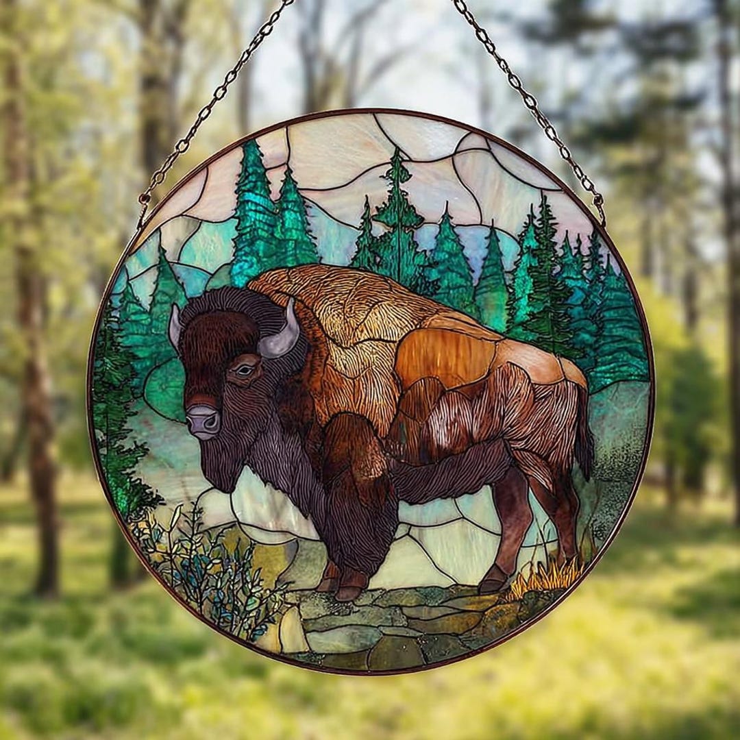 Bison Glass Suncatcher, Glass Buffalo Window Hanging, Wildlife Forest ...