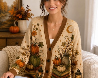 Vintage Pumpkin Fall Cardigan, Cozy Autumn Knit Sweater, Cottagecore Harvest Cardigan, Thanksgiving Outfit, Halloween Layer