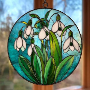 Februar Schneeglöckchen Acrylmalerei Glasmalerei, Geburtsblume Fensterbehang, einzigartiger Blumenglas Sonnenfänger, Fenster Kunst Haus Geschenk