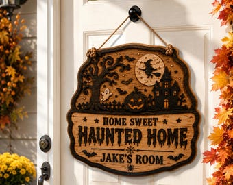 Spersonalizowany drewniany znak „Nawiedzony dom”, spersonalizowana tabliczka do pokoju na Halloween, dekoracja z dyni czarownicy, upiorny znak z imieniem dla dzieci