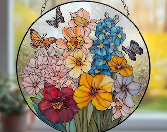 Custom Family Birth Flower Stained Glass Suncatcher, Personalized Birth Month Window Hanging, Mom's Garden Art