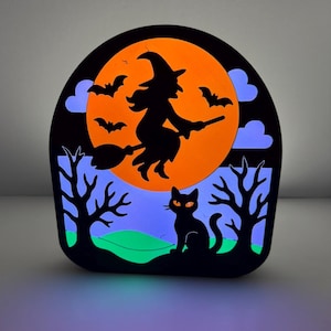Halloween Witch Lantern Decor — 3D Printed Witch on Broom with Cat & Full Moon