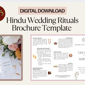 May include: A printable brochure template for a Hindu wedding ceremony. The brochure features a white background with text describing the different rituals and traditions of a Hindu wedding. The text is in black and the brochure has a pink border. The brochure also includes a small image of a groom and bride.