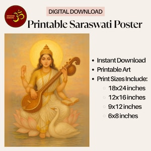 Saraswati Wall Art Printable, Hindu Goddess Art, Indian Culture Decor, Indian Spiritual Poster, Digital Download Hindu Gift, Saraswathi Art