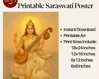 Saraswati aquarelkunst afdrukbare: poster hindoegodin (digitale download)