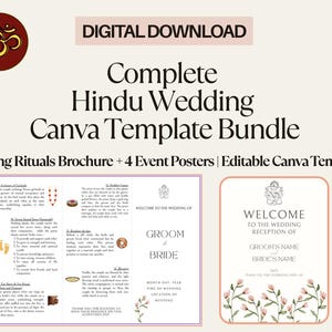 May include: A digital download bundle of Canva templates for a Hindu wedding. The bundle includes a brochure outlining wedding rituals and four event posters. The posters feature a floral design and the text "Welcome to the Wedding of Groom & Bride" and "Welcome to the Wedding Reception of Groom's Name & Bride's Name".