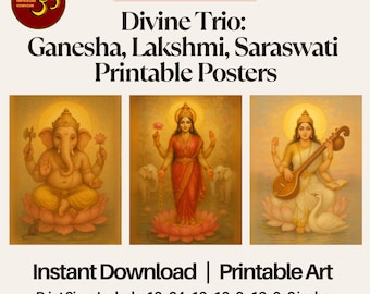 Ganesha Lakshmi Saraswati-kunstset: aquarelafdrukken hindoegoden (digitale download)