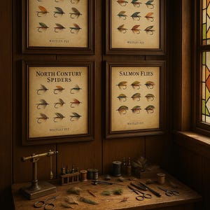 May include: Four framed vintage fishing fly prints, labelled Trout Flies, Sea Trout Flies, North Contury Spiders, and Salmon Flies. A wooden table displays fly tying tools, including scissors, thread spools, and feathers. The room has a warm, rustic ambiance.