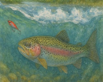 Impression aquarelle de truite arc-en-ciel : art de la pêche à la mouche dans la rivière Wye (téléchargement numérique)