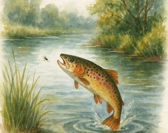 Tarjeta de cumpleaños de pesca de trucha en acuarela: Leyenda del pescador (Descarga digital)