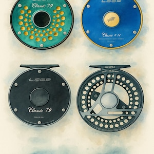 Op de afbeelding: Vier vliegvismolens met de merknaam "LOOP" worden getoond. De molens hebben turquoise, blauwe en zwarte gezichten met gouden en zilveren accenten. De tekst "Classic 79" en "Classic #11" is zichtbaar op twee van de molens.