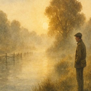 May include: A man in a brown jacket and cap stands by a river, looking out at the misty sunrise. The river is calm and still, with a wooden fence in the foreground. The sky is a soft yellow and orange, with the sun just peeking over the horizon.