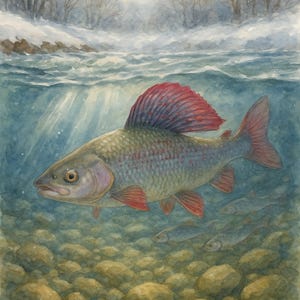 Puede incluir: Una pintura de acuarela de un pez nadando en un río. El pez tiene una aleta dorsal roja y está rodeado de peces más pequeños. El lecho del río está formado por piedras lisas y redondeadas.