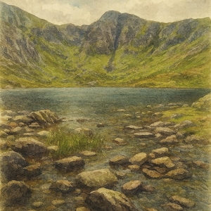 May include: Watercolour painting of a mountain landscape featuring a lake. The mountains are green and brown, with a cloudy sky overhead. The lake is still, and the foreground is filled with rocks and stones.