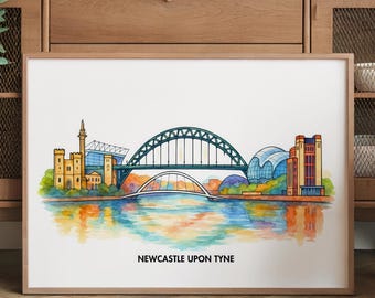 Newcastle Upon Tyne Print | Tyne Bridge Watercolour Skyline Art | North East England Poster