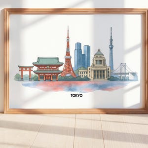 Tokyo Skyline Art Print – Japan Cityscape Poster, Tokyo Tower and Skytree Illustration, Modern & Traditional Japan Wall Decor
