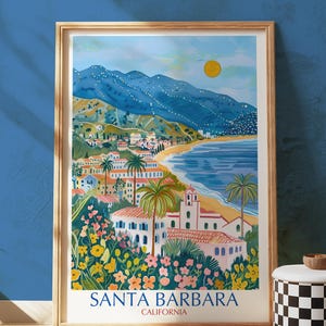Santa Barbara California travel poster print – coastal wall art with beach, ocean, flowers and Spanish-style architecture illustration