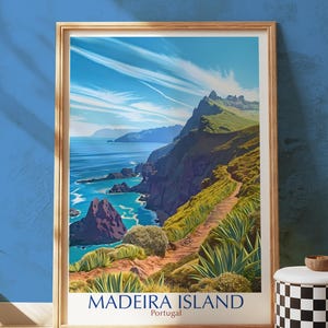 Madeira Island Portugal Poster Print, Atlantic Coast Cliffside Wall Art, Tropical Hiking Path Illustration, Nature Travel Decor Gift Idea