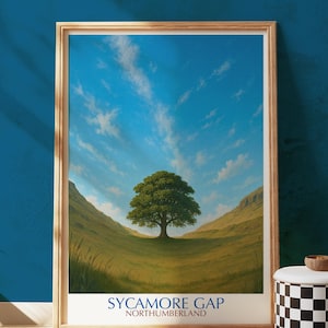 Sycamore Gap Art Print – Northumberland Autumn Sky Poster, Hadrian’s Wall Tree Wall Decor,  North Landscape Illustration, roman wall art