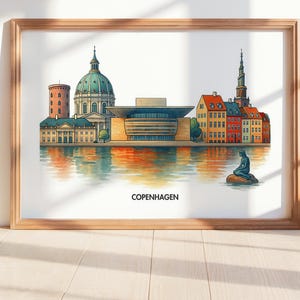 Copenhagen Art Print – Denmark Cityscape Poster with Nyhavn, The Little Mermaid & Opera House, Nordic Travel Wall Decor
