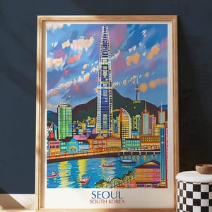 Seoul South Korea Art Print – Colorful City Skyline with Lotte Tower & River Reflection – Urban Wall Decor for Modern Travel Lovers