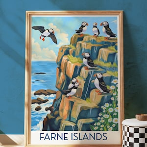 Farne Islands Puffin Wall Art Print Coastal Bird Cliff Poster Northumberland Wildlife Seaside Home Decor Seabird Illustration UK