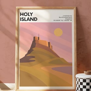 Holy Island Lindisfarne Poster– Modern Northumberland Wall Art, UK Coastal Travel Print, Sunset Landmark Illustration