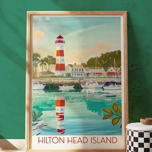 Impression d&#39;art mural Hilton Head Island affiche de Caroline du Sud, décoration phare côtier, scène de port nautique, oeuvre de voyage, style maison de plage