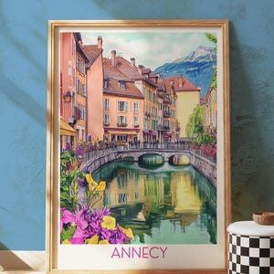 Annecy Wall Art Print France Poster Canal Town Travel Decor Alpine Lake Illustration Colorful European City Giclée Artwork French Landscape