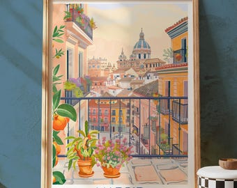 Lámina de Madrid, España: Paisaje urbano al estilo de un póster de viaje vintage.