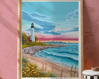 Lake Michigan Art Print: Vintage Travel Poster Style, Sunset Lighthouse