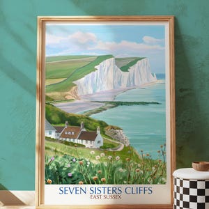 Seven Sisters Cliffs England Poster Print, White Chalk Coastline Wall Art, Seaford Head Landscape Illustration, UK Nature Travel Decor Gift