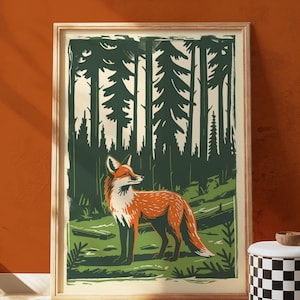 Fox in Forest Art Print – Rustic Woodland Animal Poster, Red Fox Wall Decor, Nature-Inspired Cabin Art, Nordic-Style Wildlife Print