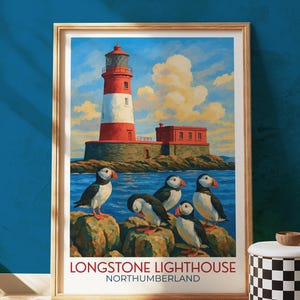 Longstone Lighthouse Puffin Poster – Vintage Northumberland Wall Art Print, Coastal Bird and Lighthouse Illustration, UK Seaside Decor