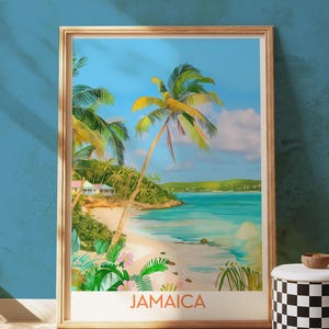 Stampa murale sulla spiaggia della Giamaica, stampa tropicale, poster costiero caraibico, decorazione con palme, isola, vista sull'oceano, illustrazione di viaggio per casa o ufficio.