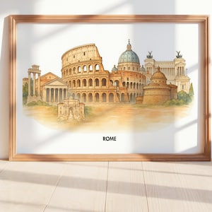 Rome Italy Art Print – Colosseum & Landmark Poster, European Cityscape Wall Decor, Historic Rome Travel Illustration