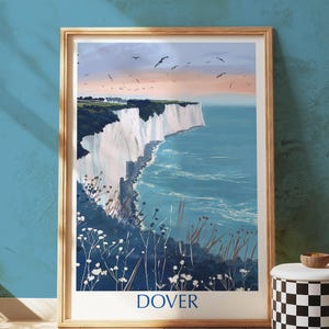 Dover England coastal cliffs wall art print – White Cliffs of Dover illustration with seascape view and birds travel poster home decor