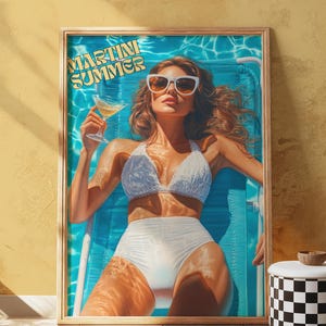Vintage Beachy Prints, Retro Bikini Art, Martini Woman, Summer Wall Decor, Glam 70s Style, Beach Babe Poster, Vacation Vibes